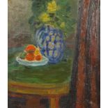 Still life flowers and fruit, oil on canvas, bearing an indistinct signature possibly Vadie, mounted