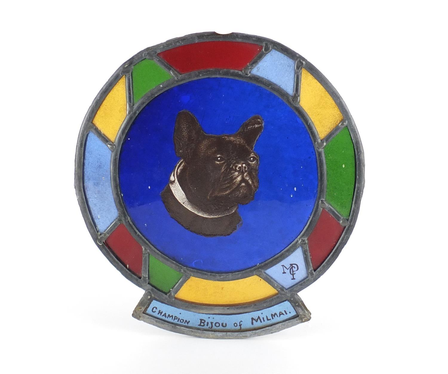 Early 20th century Leaded stain glass panel hand painted with a bulldog, inscribed Champion Bijou Of