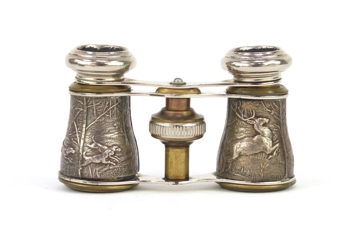 Pair of opera glasses, the barrels decorated with stags and hounds, housed in a velvet lined - Image 2 of 8