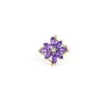 9ct gold amethyst and diamond flower head ring, size T :For Further Condition Reports Please Visit