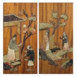 Pair of Chinese hardwood and soapstone panels, each depicting figures, each with Yai Loong labels
