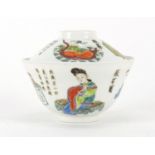 Chinese porcelain rice bowl and cover, hand painted in the famille rose palette with figures and