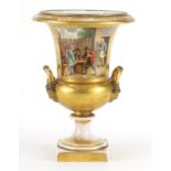 19th century French campana urn vase with twin handles by Schoelcher, finely hand painted with