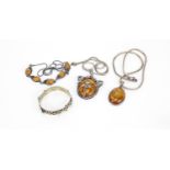 Silver and white metal jewellery including two natural amber pendants and bracelet, 99.0g :For