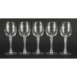 Five Lalique crystal wine glasses with frosted stems, etched Lalique, 20cm high :For Further