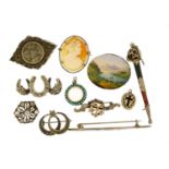 Antique and later silver jewellery including an enamelled bar brooch, Scottish hardstone brooch