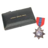 George VR Imperial service medal, awarded to THOMAS R LANGFORD, housed in a tooled leather Elkington