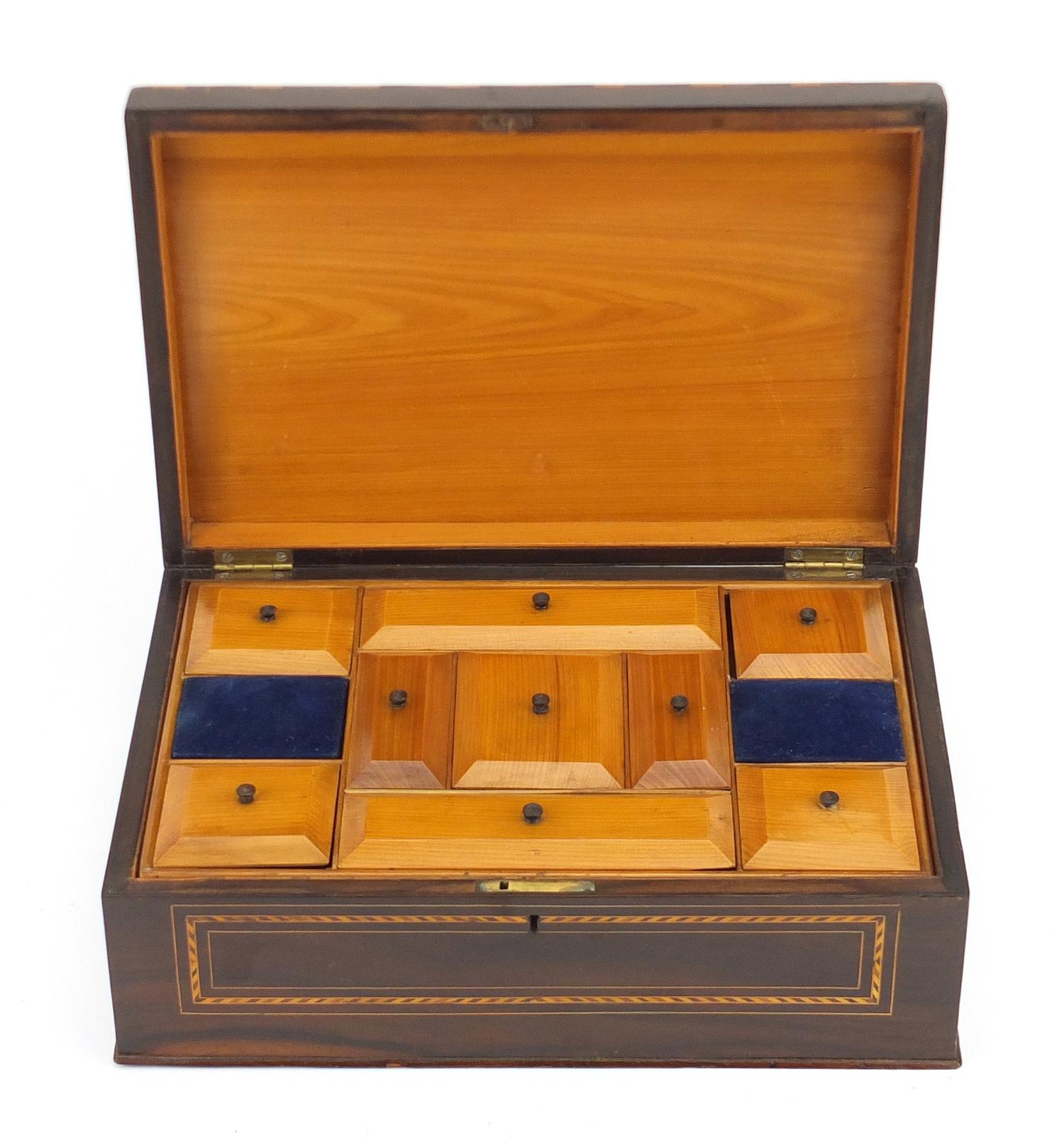 19th century rosewood wood box, the hinged lid marquetry inlaid with a view of The French Naval - Image 4 of 7