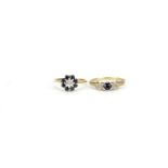 Two 9ct gold sapphire and diamond rings, sizes L and Q, 3.4g :For Further Condition Reports Please