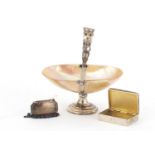 Silver objects comprising silver and mother of pearl salt with swing handle, rectangular pill box