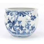 Chinese blue and white porcelain jardinière, hand painted with figures playing in a palace