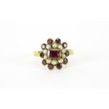 Georgian gold ruby and seed pearl ring, markers mark J B, size L, 2.0g :For Further Condition