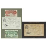 Four Bank of England bank notes including two white five pound notes dated 1945 and 1956, cashiers