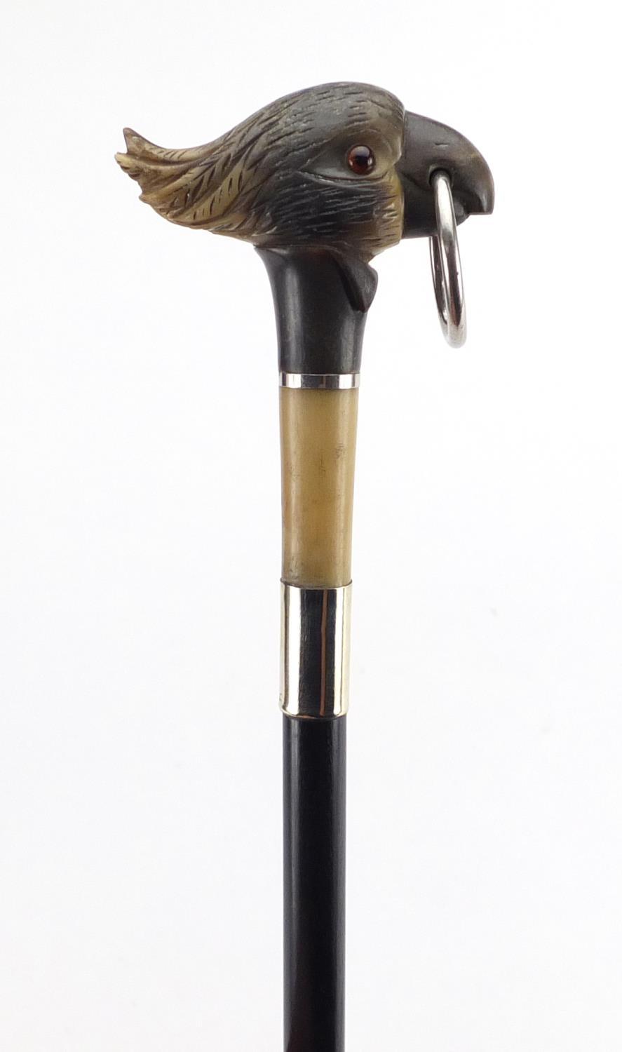 Carved horn cocktoo design walking stick with ebonised shaft, the carved pommel possibly - Image 2 of 5