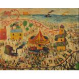 Fairground by the sea, oil on canvas, bearing a signature Yates, framed, 48.5cm x 39cm : For Further