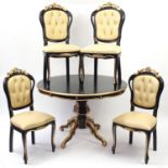 Italian style black and gold painted circular dining table and four chairs, with cream leather