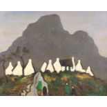 Figures before cottages and mountains, Irish school oil, bearing a signature Markey, framed, 49cm