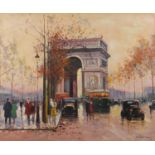 Manner of Edward Coates - The Arc de Triomphe, oil on board, mounted and framed, 60cm x 50cm : For