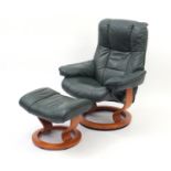 Ekornes stressless green leather easy chair and foot stool, 100cm high : For Further Condition