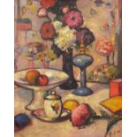 Still life flowers and vessels, oil on board, bearing a monogram GCH, framed, 49.5cm x 39cm : For