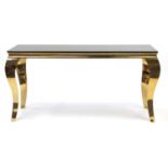 Italian style brass console table with bevelled black glass top, 75cm H x 150cm W x 40cm D : For