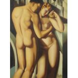 After Tamara de Lempicka - Two nude Art Deco figures, oil on board, framed, 58.5cm x 43cm : For