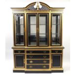 Italian style black and gold painted dresser with four glazed doors above a series of drawers and