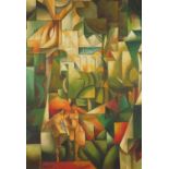 Abstract composition, cubist figures before a landscape, French school oil on board, bearing a