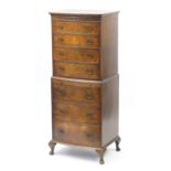 Walnut bow front chest on chest with seven drawers and brushing slide, 158cm H x 62cm W x 46cm D :