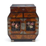 Japanese lacquered table cabinet with mother of pearl and geometric inlay, fitted with a pair of