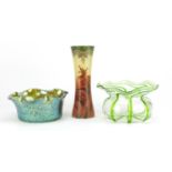 Art glass comprising a Loetz bowl, a Legras vase and a Stourbridge bowl, the largest 20cm in