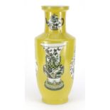 Chinese porcelain Rouleau vase, hand painted in the famille verte palette with vases, brush pot