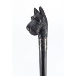 Black forest ebonised walking stick with carved Scotty dog head design handle, 92cm in length :For