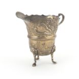 Silver milk jug, embossed with dog, fox and ducks, raised on lion mask and paw feet, H E