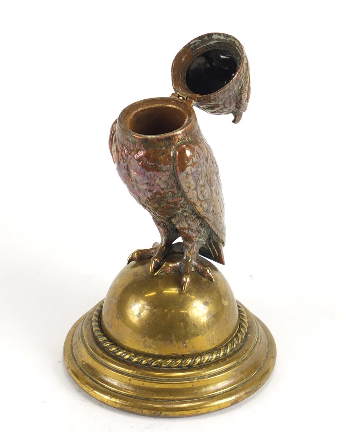Novelty Victorian copper and brass owl design desk inkwell, 23cm high :For Further Condition Reports - Image 3 of 5
