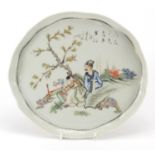 Chinese porcelain tray hand painted in the famille rose palette with an elder and child in a