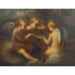 Four cherubs amongst clouds, 19th century oil on canvas, Croydon Galleries label verso, mounted