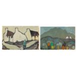 After Markey Robinson - Figures before buildings and mountains, pair of Irish school watercolour and