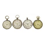 Four gentleman's silver open face pocket watches including Waltham, the largest 5cm in diameter :For