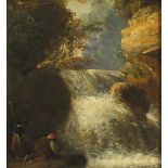 John Raphael Smith - Two figures fishing beside a waterfall, 19th century oil on board, framed, 19cm