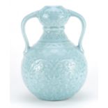 Chinese porcelain blue glazed double gourd vase with twin handles, decorated in low relief under