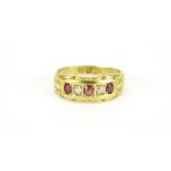 Victorian 18ct gold ruby and diamond ring with scroll shoulders, size H, 2.8g :For Further Condition