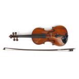 Old wooden violin with bow and case, the violin bearing a label inscribed T Holmes Jun Carlisle