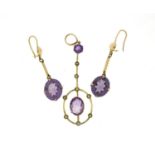 Art Nouveau unmarked gold amethyst and seed pearl pendant and a pair of gilt metal Alexandrite