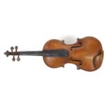 Old wooden violin with wooden travelling case, the violin bearing a Pietro Antonius label to the