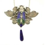 Egyptian Revival silver coloured metal moth pendant with lapis lazuli drop, on a necklace, the