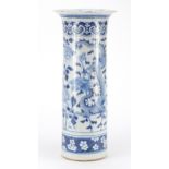 Large Chinese blue and white porcelain sleeve vase, hand painted with dragons amongst flowers, 45.