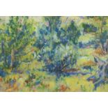 Impressionist wood scene, mixed media, bearing an indistinct signature possibly Bicat, framed,