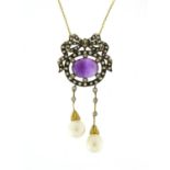 Antique style 9ct gold necklace set with cabochon amethyst, diamonds, seed pearls and cultured