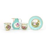 19th century Meissen teaware including two tea cups and a saucer hand painted with lovers, blue